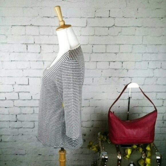 Adrienne Vittadini V-neck Striped Knit Top With Polka Dot Cuffs Gray Size Medium - Picture 2 of 5